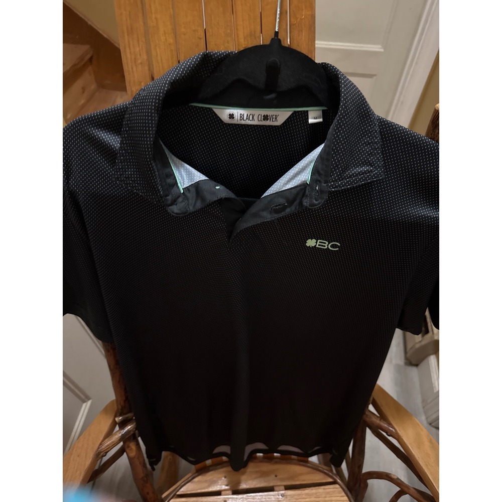 Black Clover Mens Live Lucky Golf Polo Shirt Black Micro Dot Size Medium BC Logo